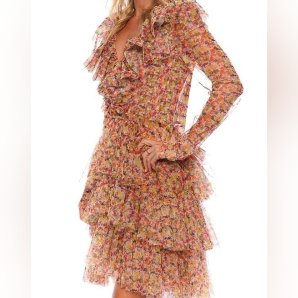 PHILOSOPHY DI LORENZO SERAFINI Pink Floral Tulle Ruffled Mini Dress